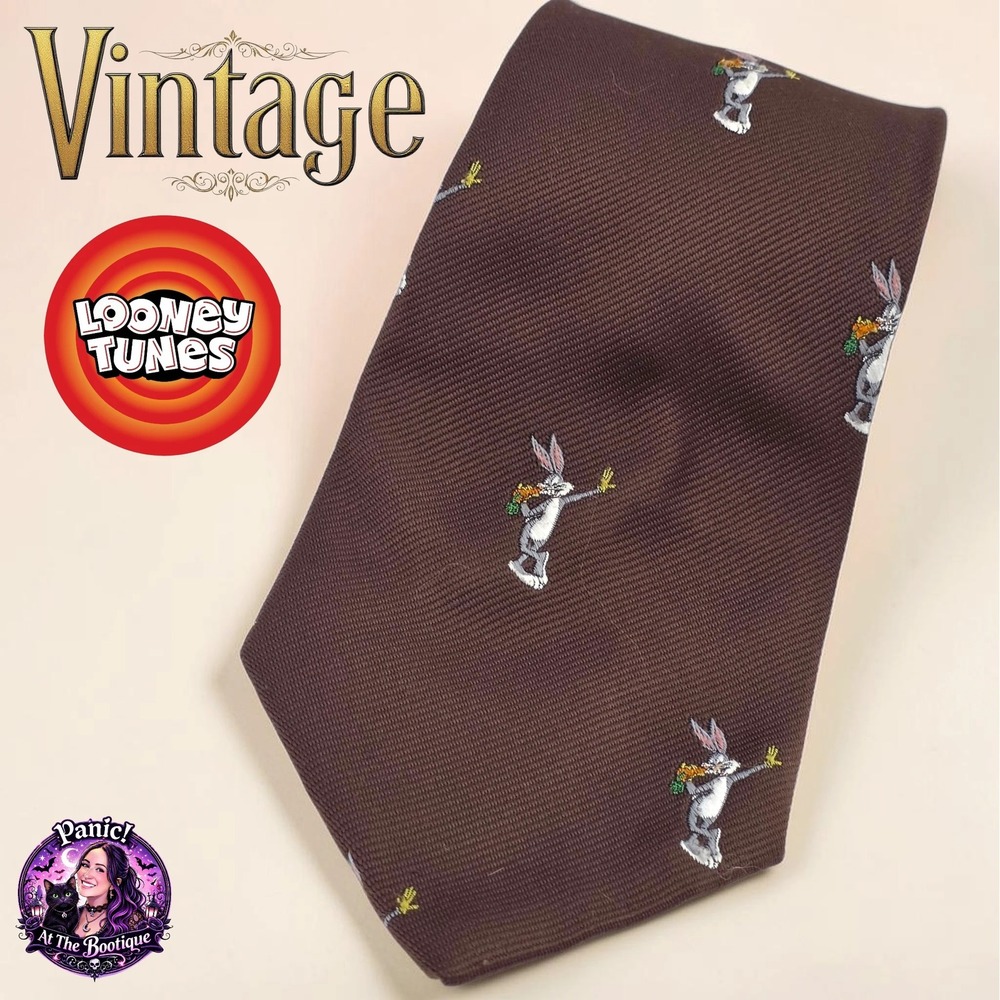 Looney Tunes Bugs Bunny Tie Mens Embroidered Brown Vintage 90s Retro Novelty USA